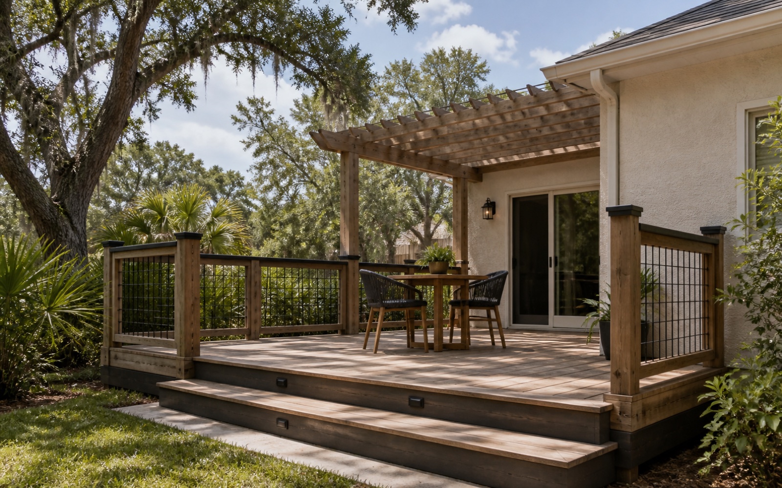 A shaded wood deck and pergola beside a stucco home in a subtropical yard.